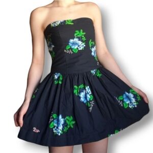 Hollister Aloha Navy Blue Strapless Dress with Blue and Green Floral Design